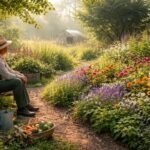 Gärtnerin lächelt im sonnigen Garten, Pausenstuhl, Blütenmeer und entspannte Atmosphäre.