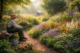 Gärtnerin lächelt im sonnigen Garten, Pausenstuhl, Blütenmeer und entspannte Atmosphäre.