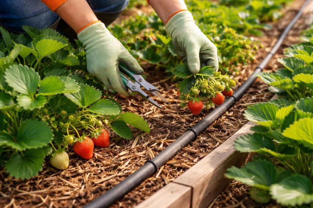Erdbeeren bleiben klein und sauer? So verbesserst du die Ernte Gärtner entfernt gezielt Blüten und Blätter, um bessere Erdbeerernte zu erzielen.