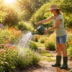 Nahaufnahme von Gartenpflanzen im Schatten, Tropfen Wasser auf glänzenden Blättern
