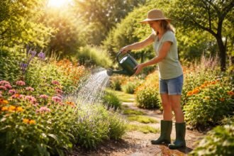 Nahaufnahme von Gartenpflanzen im Schatten, Tropfen Wasser auf glänzenden Blättern