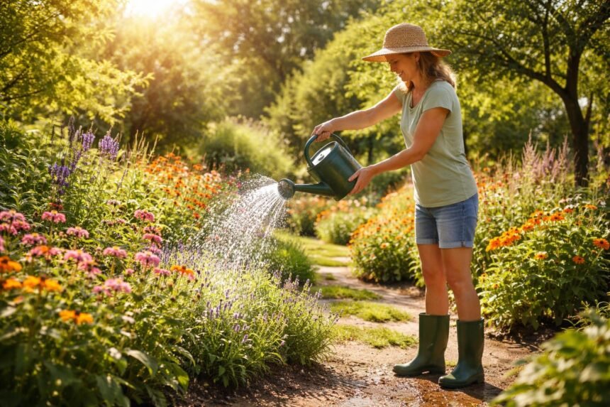 Nahaufnahme von Gartenpflanzen im Schatten, Tropfen Wasser auf glänzenden Blättern