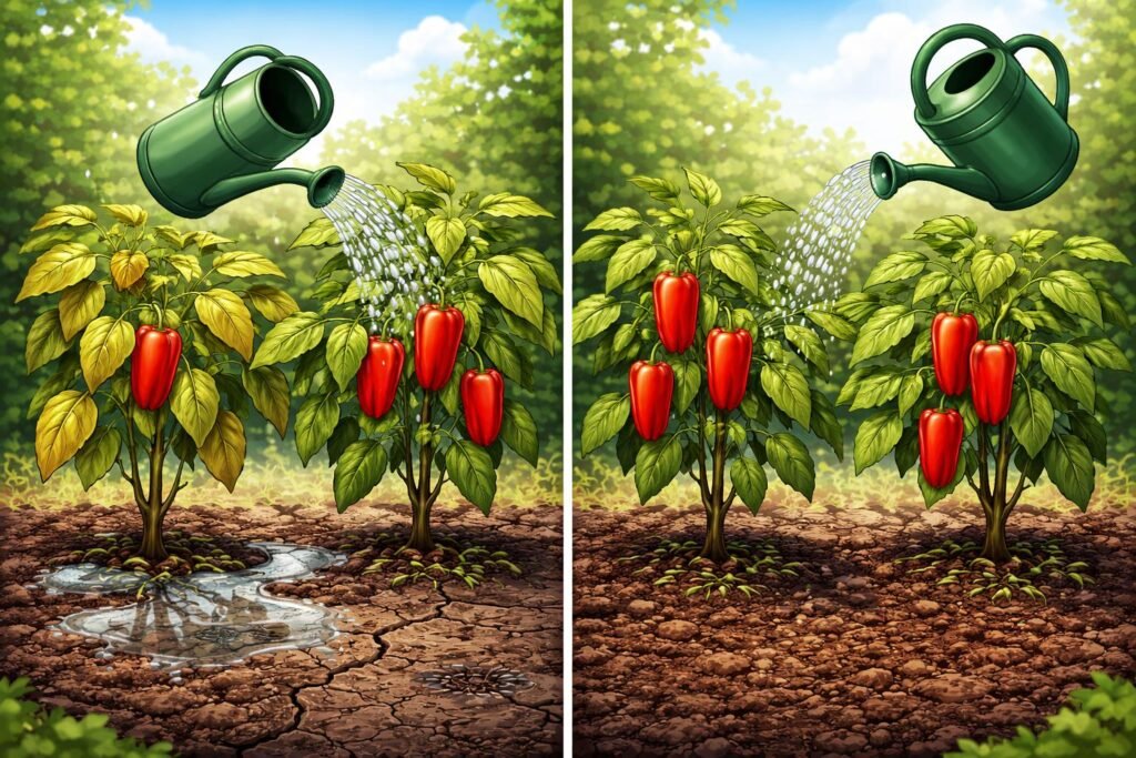 Bild zeigt Paprika im Topf, gut wässern, Boden feucht, nicht nass.