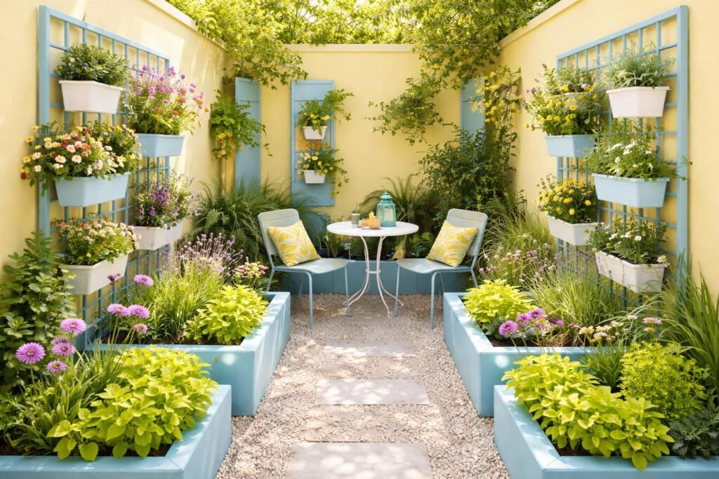 Lebhafte Farbtöne verleihen dem kleinen Garten mehr Raumgefühl durch helle Farben
