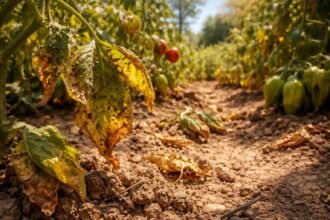 Garten im Sommer mit sonniger Hitze, Pflanzen kämpfen gegen Trockenheit und Schädlinge.