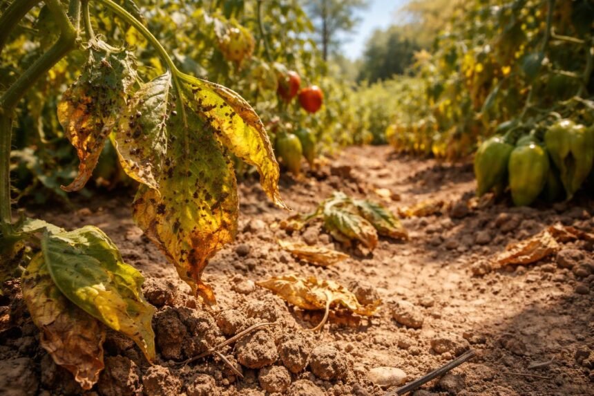 Garten im Sommer mit sonniger Hitze, Pflanzen kämpfen gegen Trockenheit und Schädlinge.