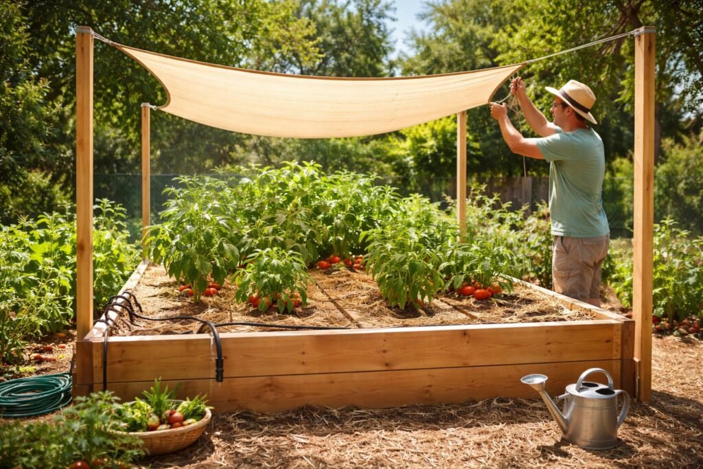 Hochbeete im Sommer: Die größten Herausforderungen und Lösungen - Hitzeschutz für empfindliche Pflanzen im Hochbeet: Schatten, Mulch und Wasser.