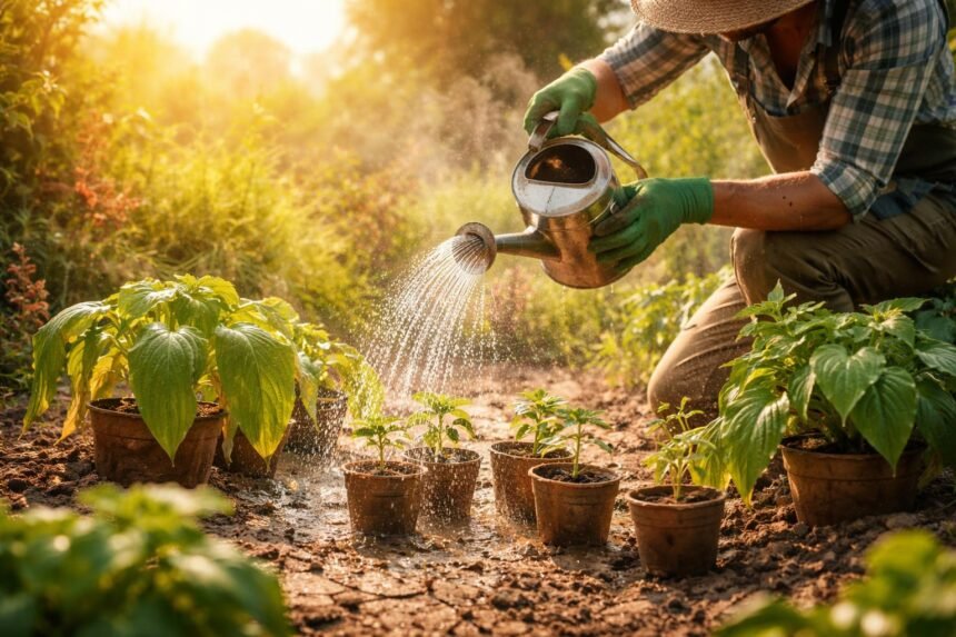 - Heiße Sommertage im Garten; Pflanzen brauchen Schatten, Wasser und Pflege.