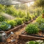Lebendige Sommerabbildung eines Hochbeets mit Sonne, Gemüse und Kräutern im Garten