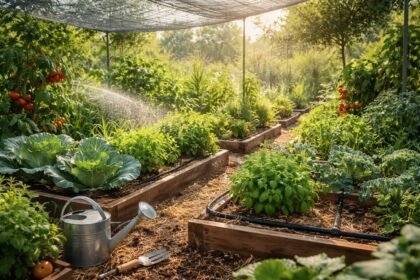 Lebendige Sommerabbildung eines Hochbeets mit Sonne, Gemüse und Kräutern im Garten