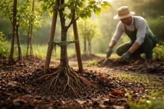 Junge Bäume im Garten wachsen langsam, Wurzeln stärken das Wachstum