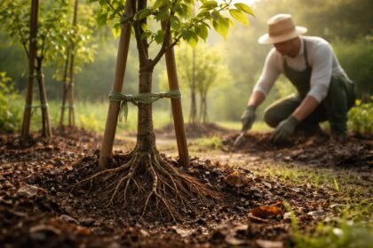 Junge Bäume im Garten wachsen langsam, Wurzeln stärken das Wachstum