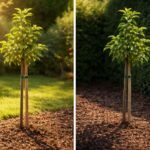 - Junger Obstbaum im Garten — Gärtner prüft Standort, Bodenbeschaffenheit und Pflegebedarf