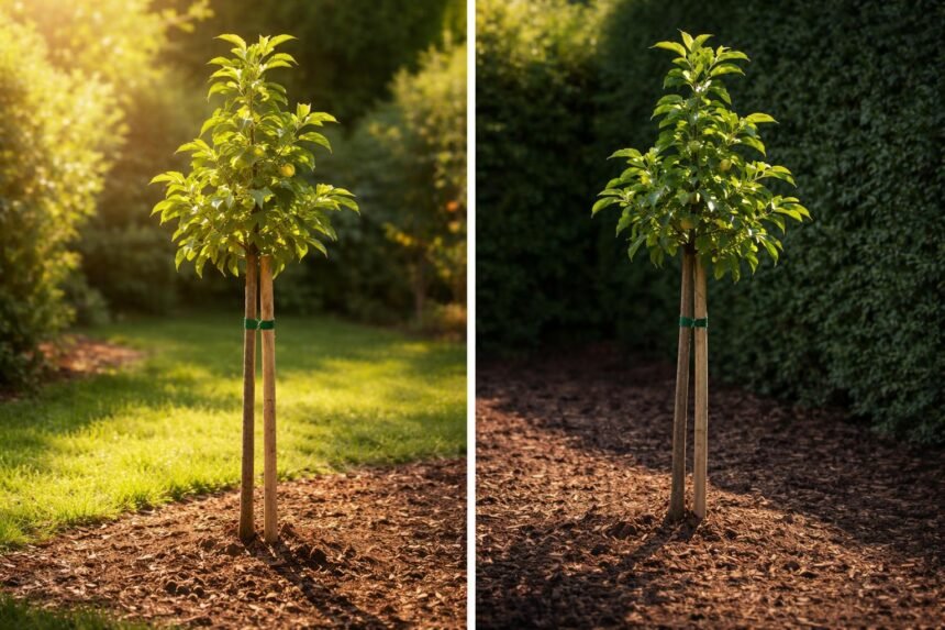 - Junger Obstbaum im Garten — Gärtner prüft Standort, Bodenbeschaffenheit und Pflegebedarf