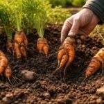 - Kleine, deformierte Möhren im Beet; Hinweis auf Bodenmangel, Pflegebedarf und Bodenbeschaffenheit.