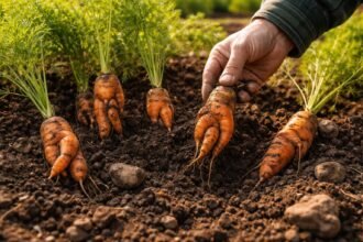 - Kleine, deformierte Möhren im Beet; Hinweis auf Bodenmangel, Pflegebedarf und Bodenbeschaffenheit.