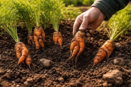 - Kleine, deformierte Möhren im Beet; Hinweis auf Bodenmangel, Pflegebedarf und Bodenbeschaffenheit.