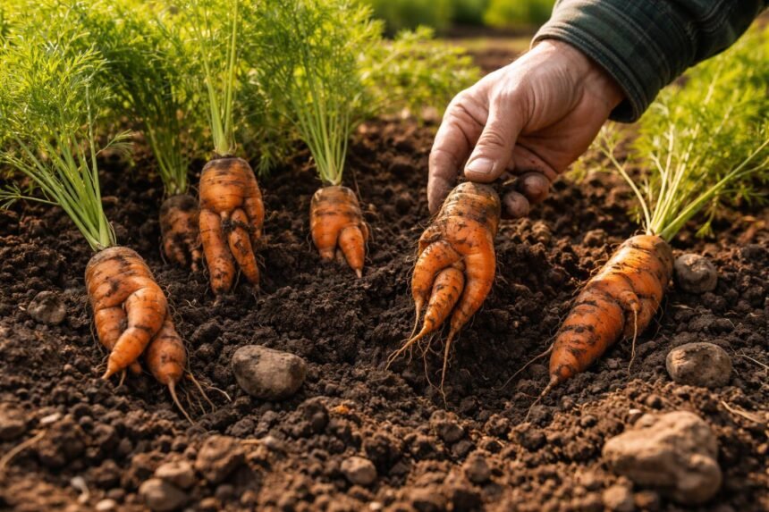 - Kleine, deformierte Möhren im Beet; Hinweis auf Bodenmangel, Pflegebedarf und Bodenbeschaffenheit.
