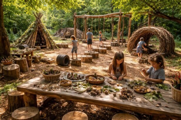 - Kinder lachen im Garten, während kreative Outdoor-Projekte den Spielplatz beleben.