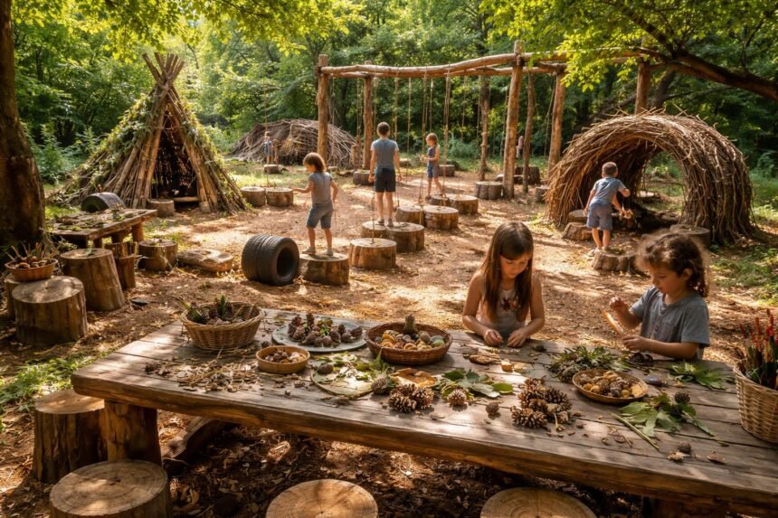 - Kinder lachen im Garten, während kreative Outdoor-Projekte den Spielplatz beleben.