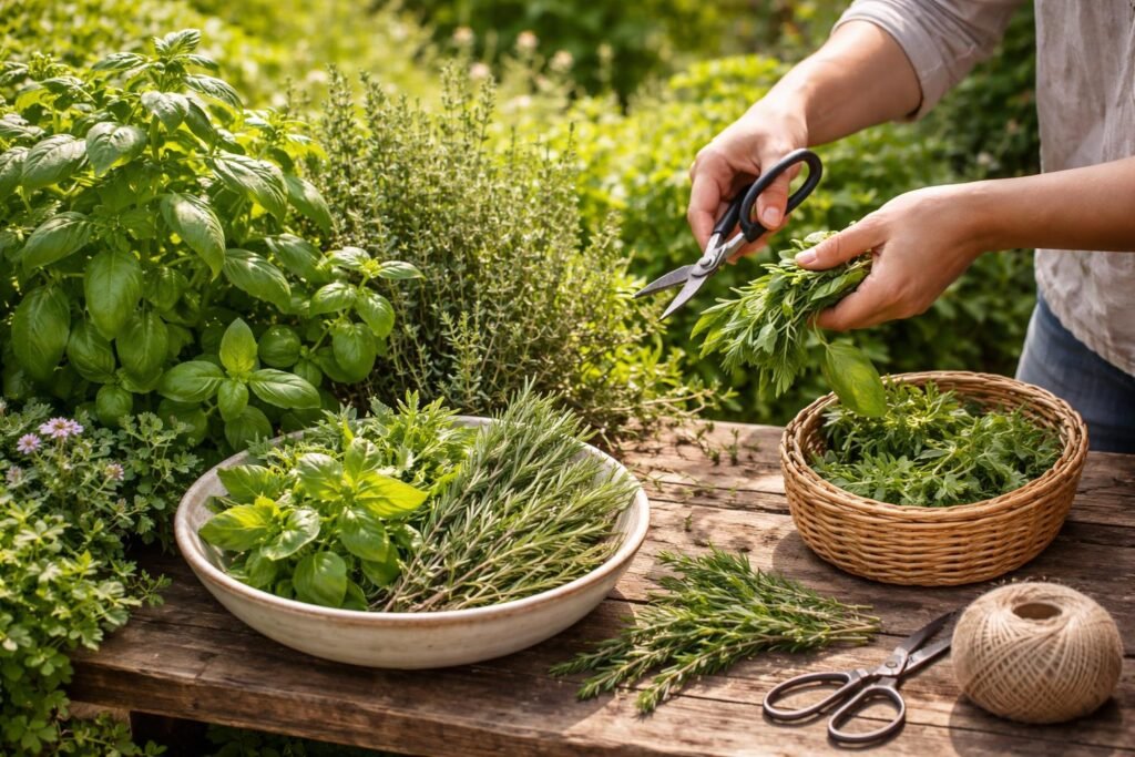 Kräuter im Sommer richtig pflegen – so bleiben sie aromatisch Frisch geschnittene Kräuter im Sommer neben einer Schüssel, aromatisch, duftend.