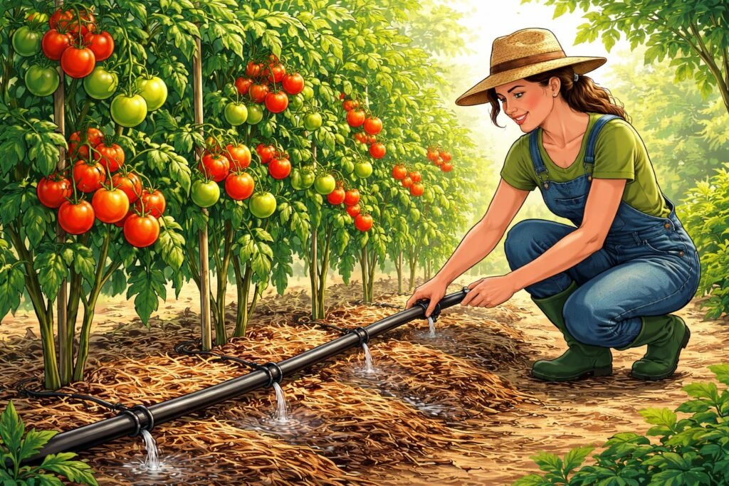 Tomaten im Hochsommer mit gleichmäßigem Gießen und Mulch vor Austrocknung schützen