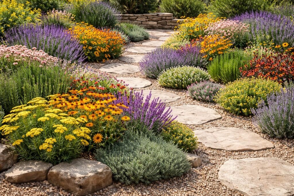 Trockenheitsresistente Blumen in bunten Gruppen für pflegeleichten Sommergarten im Sonnenschein