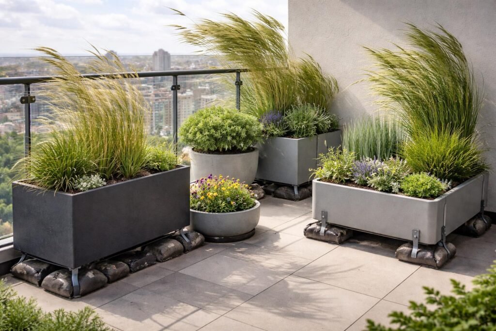 Der Balkon ist zu windig für Pflanzen? Diese Arten kommen besser zurecht - Windiger Balkon, robuste Kübelpflanzen stabil verankert mit Stützen und Rankgitter.