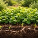 Kräuterbeet mit wuchernder Minze, unschwer sichtbar durch unterirdische Ausläufer im Gartenrand.