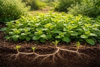Kräuterbeet mit wuchernder Minze, unschwer sichtbar durch unterirdische Ausläufer im Gartenrand.