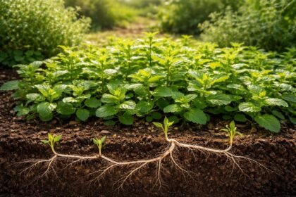 Kräuterbeet mit wuchernder Minze, unschwer sichtbar durch unterirdische Ausläufer im Gartenrand.
