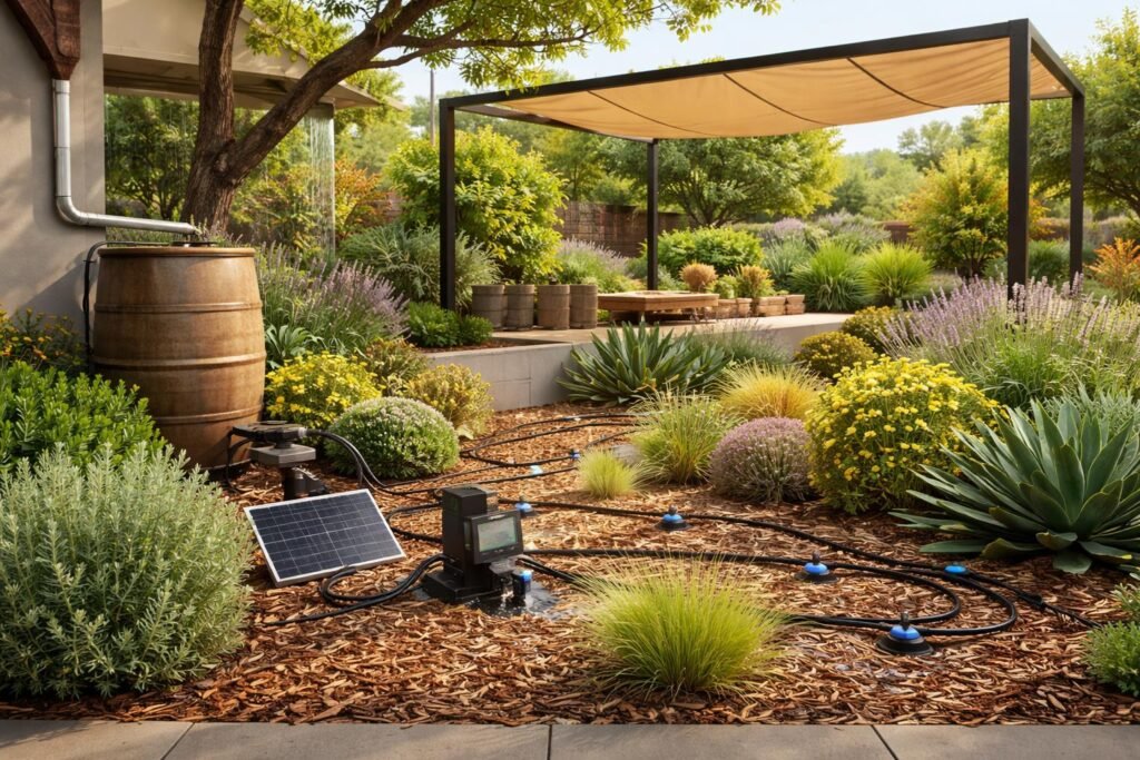 Wie gestaltest du einen trockenheitsresistenten Garten? trockenheitsresistenter Garten mit Mulch, Tropfbewässerung, Regenwasser sammeln und Schattenpflanzen effizient nutzen