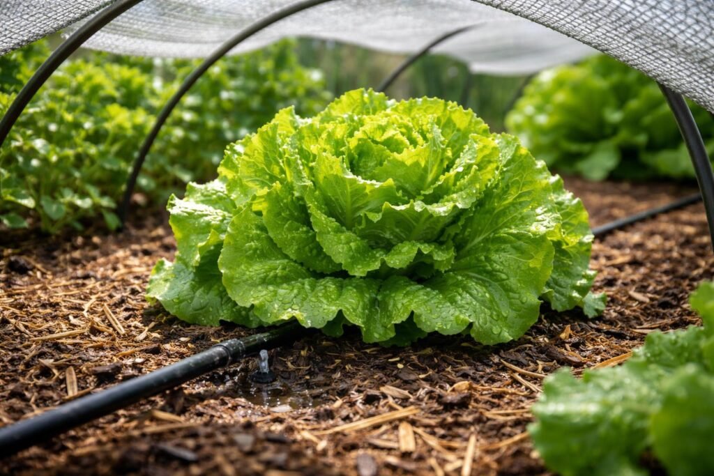 Wie schützt du Salat vor dem vorzeitigen Schossen? - Salatpflanzen im feuchten Boden, Abdeckung gegen Trockenheit und vorzeitiges Schossen.