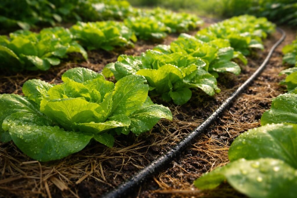 Wie schützt du Salat vor dem vorzeitigen Schossen? - Sorgfältig bewässerter Salat zeigt länger grüne, fleischige Blätter, weniger Blütenbildung.