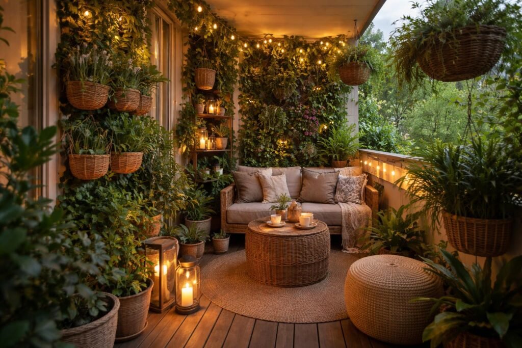Der Balkon wirkt ungemütlich? Ideen für mehr Atmosphäre - Kleiner Balkon mit grünen Pflanzen als gemütliche Oase, Sonnenlicht und Schatten.