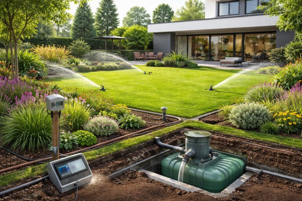 Intelligentes Gartenbewässerungssystem mit Sensoren, Tropfschläuchen und Regensensoren im Grünen für den ganzen Gartenbereich