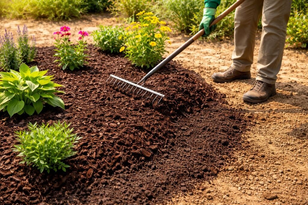 Das Geheimnis eines widerstandsfähigen Gartens: So pflegst du Pflanzen in den heißesten Monaten richtig. - Mulchen als Schutzschicht gegen Verdunstung, Gartenboden bleibt feucht im heißen Sommer.