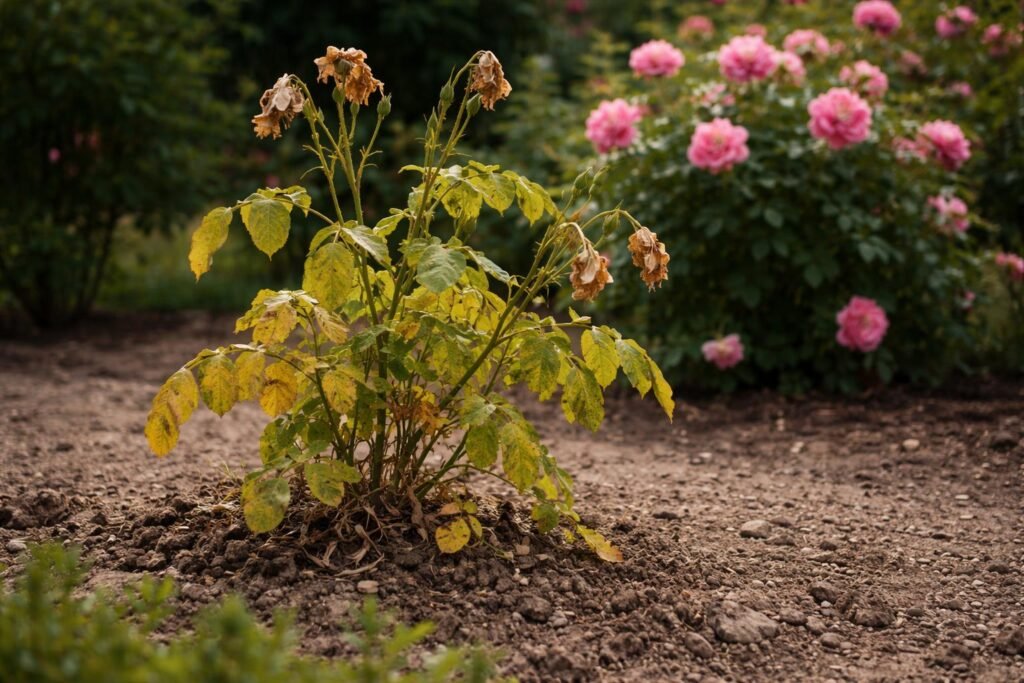 Rosen blühen nicht? Die häufigsten Pflegefehler im Überblick Nahaufnahme von Rosenblättern zeigt Mangelerscheinungen durch zu seltene Düngung bei Rosenpflanzen.