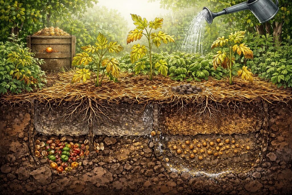 Warum wächst im Bio-Garten kaum etwas? Die häufigsten Ursachen und ihre Lösungen Bodenproben im Garten, Mangelanzeichen bei Pflanzen sichtbar durch Blattverfärbungen und Wurzelprobleme