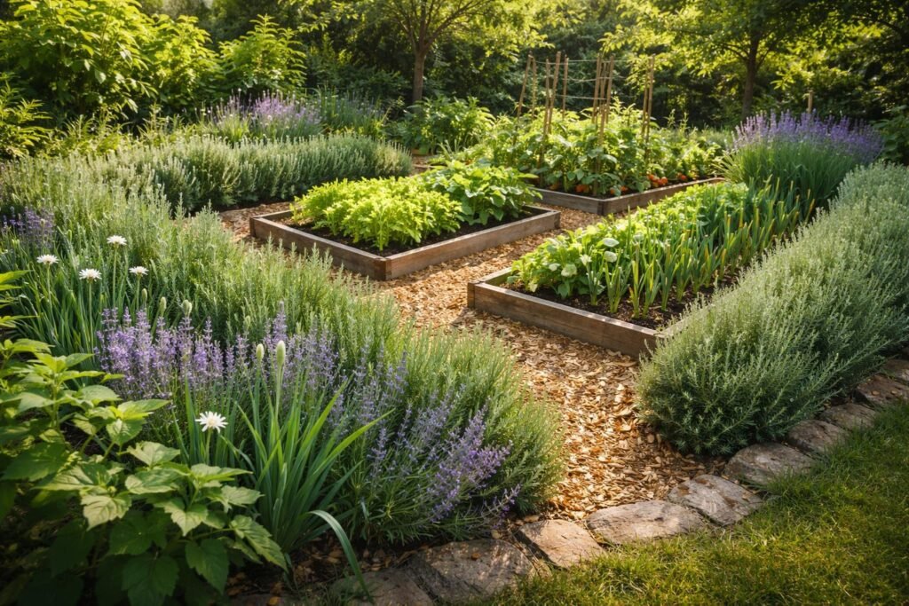 Blick auf einen Garten mit natürlichen Barrieren gegen Maulwürfe und grünen Pflanzen im Vordergrund