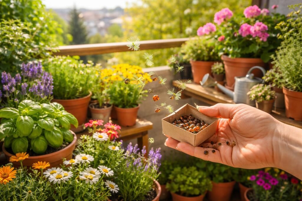 Balkonpflanzen werden von Schädlingen befallen? Natürliche Hilfsmittel im Überblick Balkonpflanzen mit Nützlingen wie Marienkäfer und Florfliegen im Einsatz zum Schädlingsmanagement