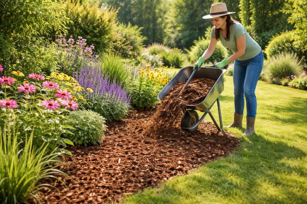 - Rindenmulch schützt Boden; spart Zeit; reduziert Unkraut im Beet.