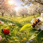 Frühlingserwachen zeigt Obstbäume, die sanfte Schädlingsbekämpfung aus der Natur für gesunde Bäume