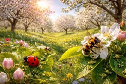 Frühlingserwachen zeigt Obstbäume, die sanfte Schädlingsbekämpfung aus der Natur für gesunde Bäume