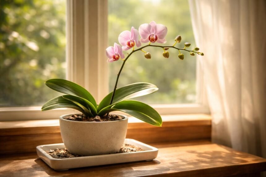 Orchideen im Fenster mit frischen Knospen nach der Ruhephase und neuer Blütentraum