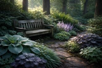 Schattiger Gartenboden mit zarten Stauden, Farnen und dekorativen Schattenpflanzen im Lichtmangel bewundern