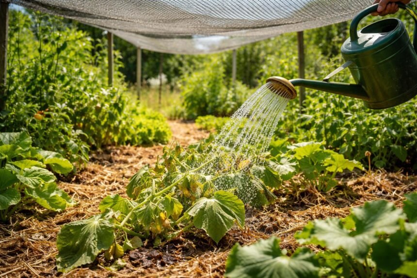 Sonnenhitze trifft robuste Pflanzen im Beet; Schatten, Beschattung, Kühlung und richtige Bewässerung.