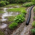 Gartenboden mit stehender Wasserpfütze nach starken Regenschauern, gestörter Abfluss, Staunässe.