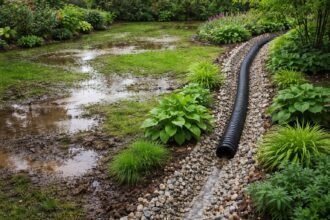 Gartenboden mit stehender Wasserpfütze nach starken Regenschauern, gestörter Abfluss, Staunässe.