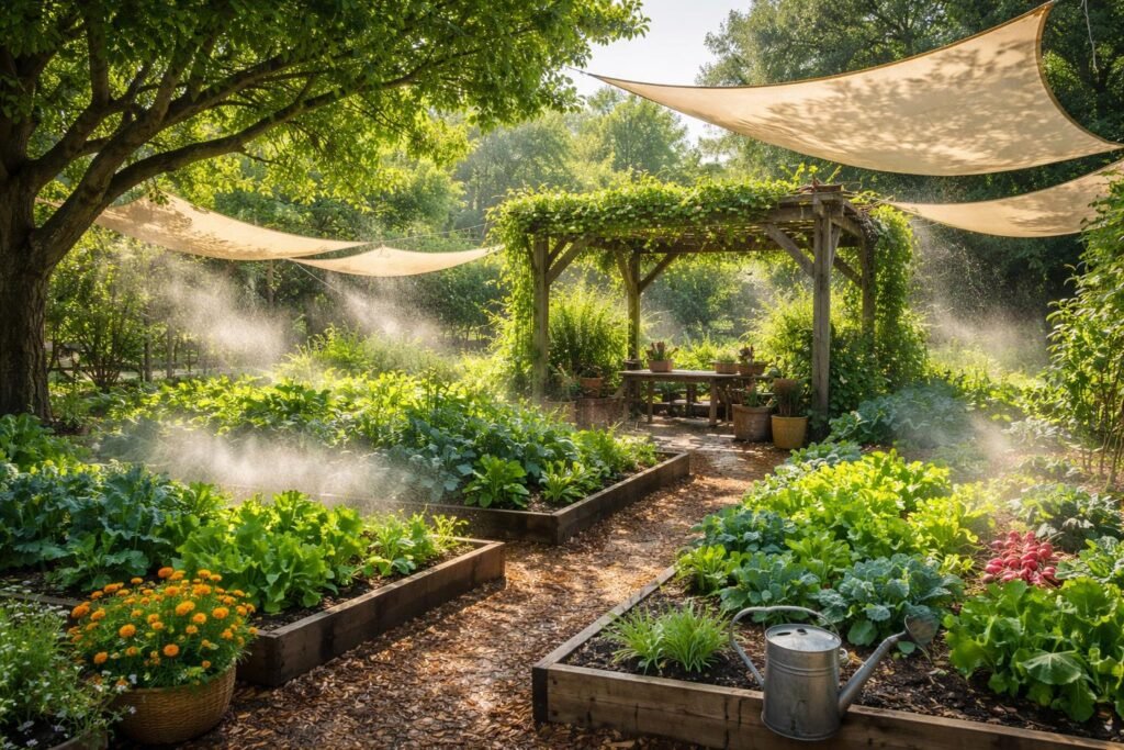 So unterstützt du deinen Gemüsegarten während langer Hitzeperioden Garten unter Schatten: kreative Beschattung, schattige Beete schützen Gemüse vor Hitze.